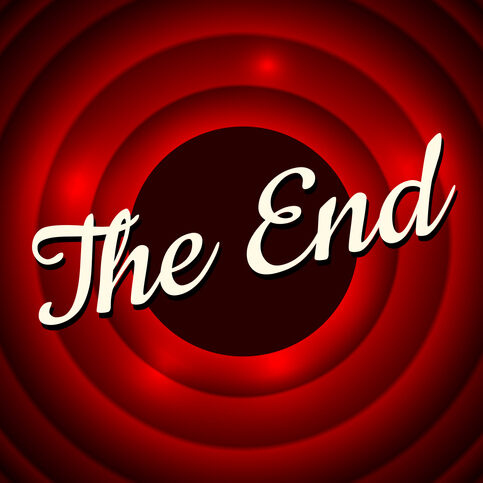 The End handwrite title on red round bacground. Old movie ending screen. Vector illustration